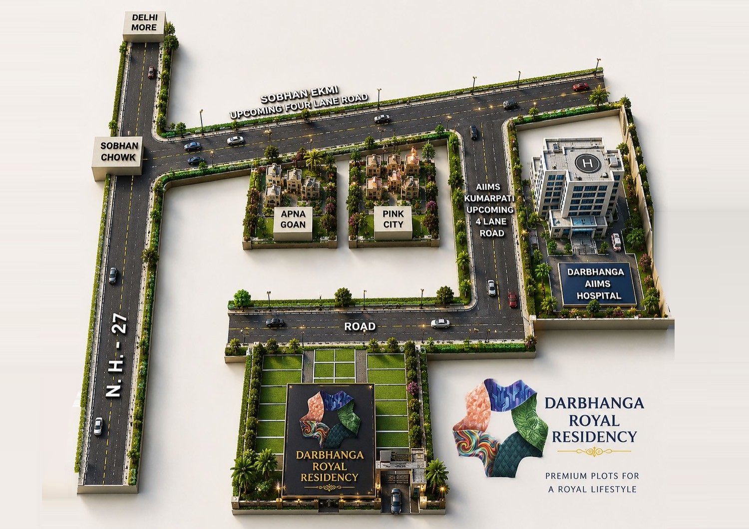 Three-dimensional layout of Darbhanga Royal Residency showing the approach avenue off Kumarpati Road, internal roads and neighbouring projects.